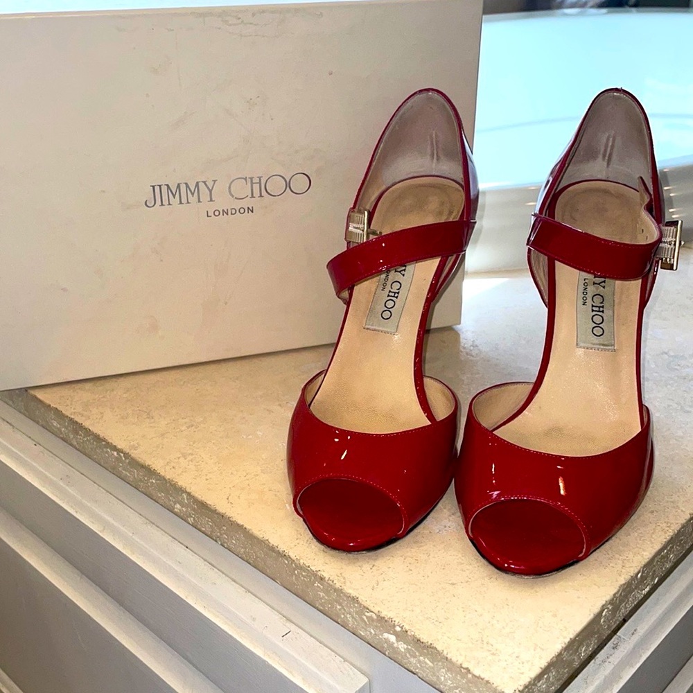 JIMMY CHOO - Cherry Red Lace Patent Leather Pumps ♥️ Classic Mary Janes. Sz 37.5